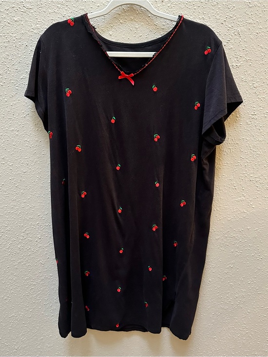 Other - Vintage Y2K Cherry Embroidery Oversized Sleepshirt Nightgown Black Red Bow L/XL